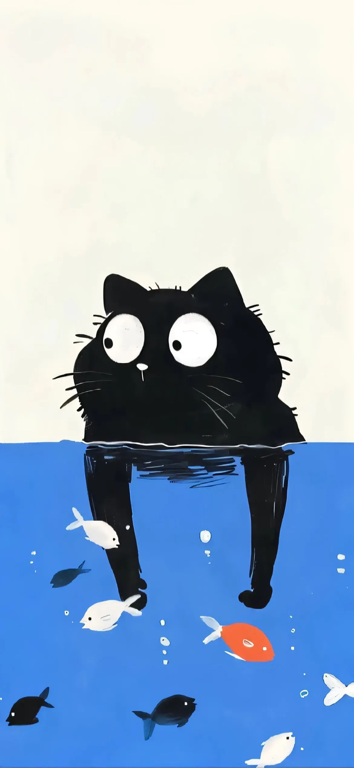Kucing hitam Wiseinari mengintip di garis air, kaki panjang di bawah air biru bersama ikan